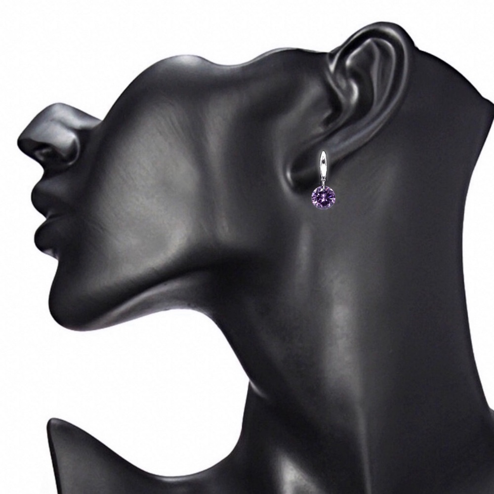 925 Stamped 8mm Purple CZ Drop Earrings - Picture 6 of 7